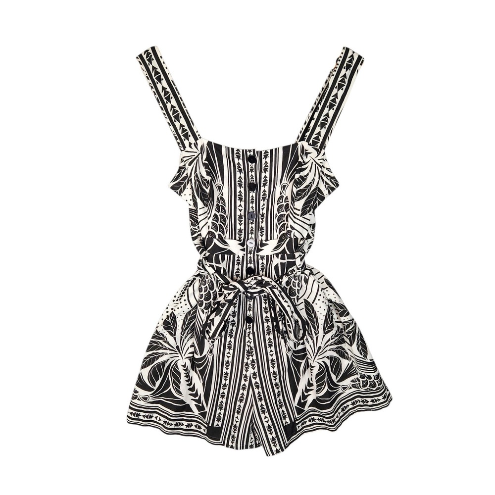 Farm Rio Sleeveless Patterned Romper M Black White Tropical Linen Blend
